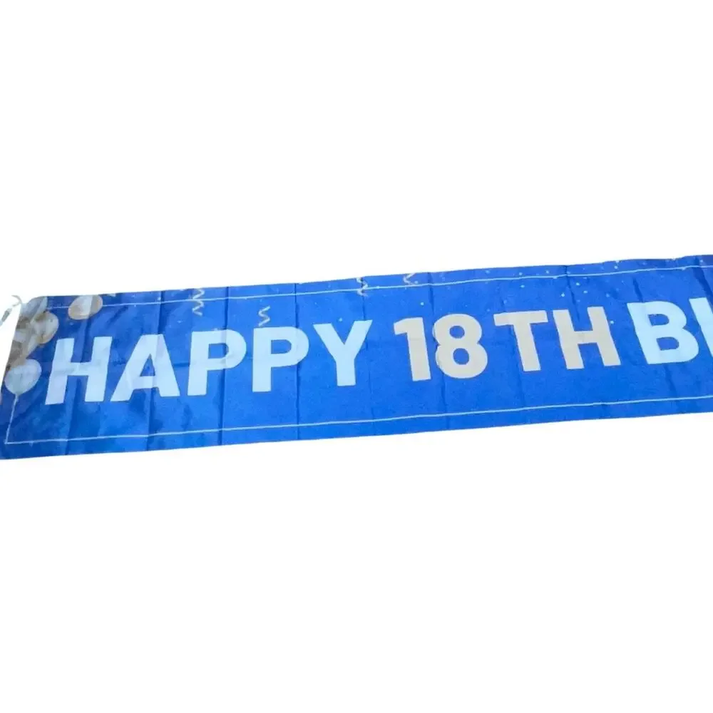 Happy 18th Birthday Banner Blue Gold Wall Flag Ribbon Party Backdrop 9.5ft Sign